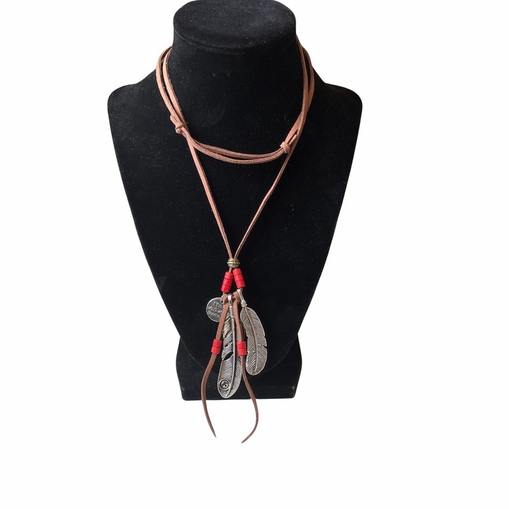 Tribal Feather Leather Necklace Western Boho 18”